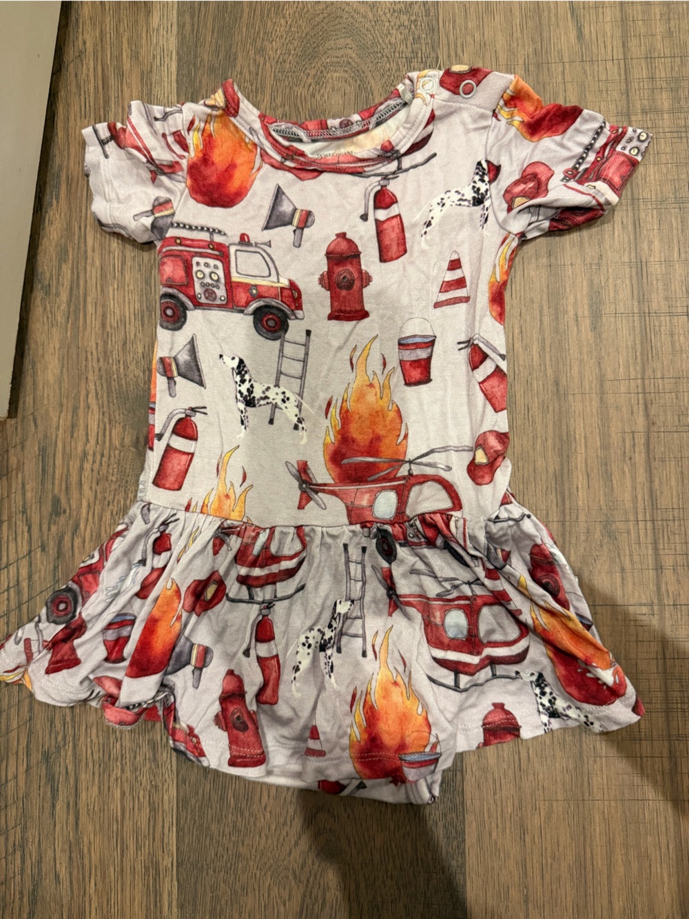 Posh Peanut grey Dress with Red and Orange Firefighter Print